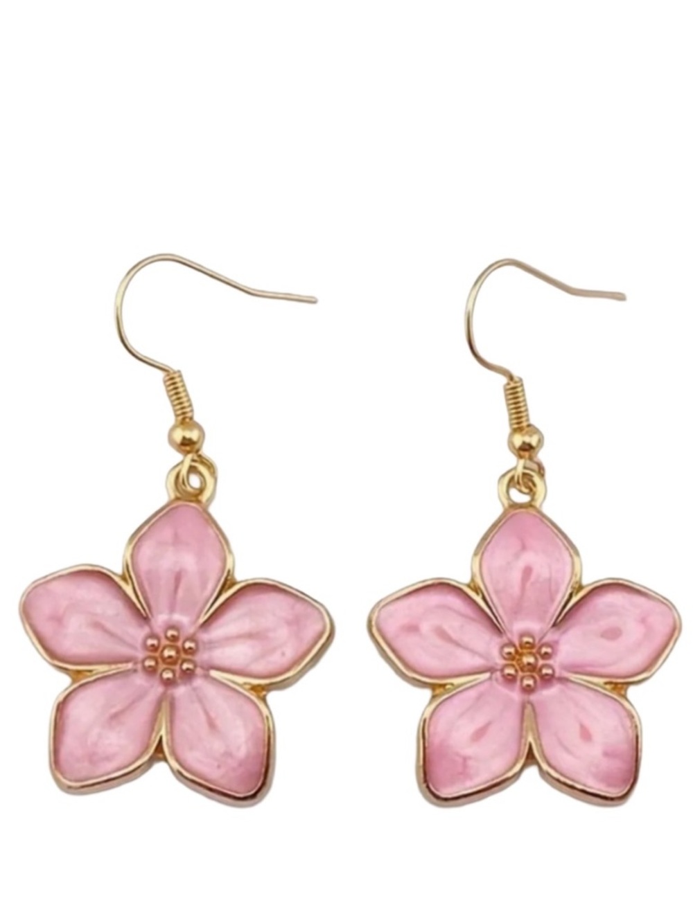 Pink Cherry Blossom Large Floral Dangle Earrings in Goldtone